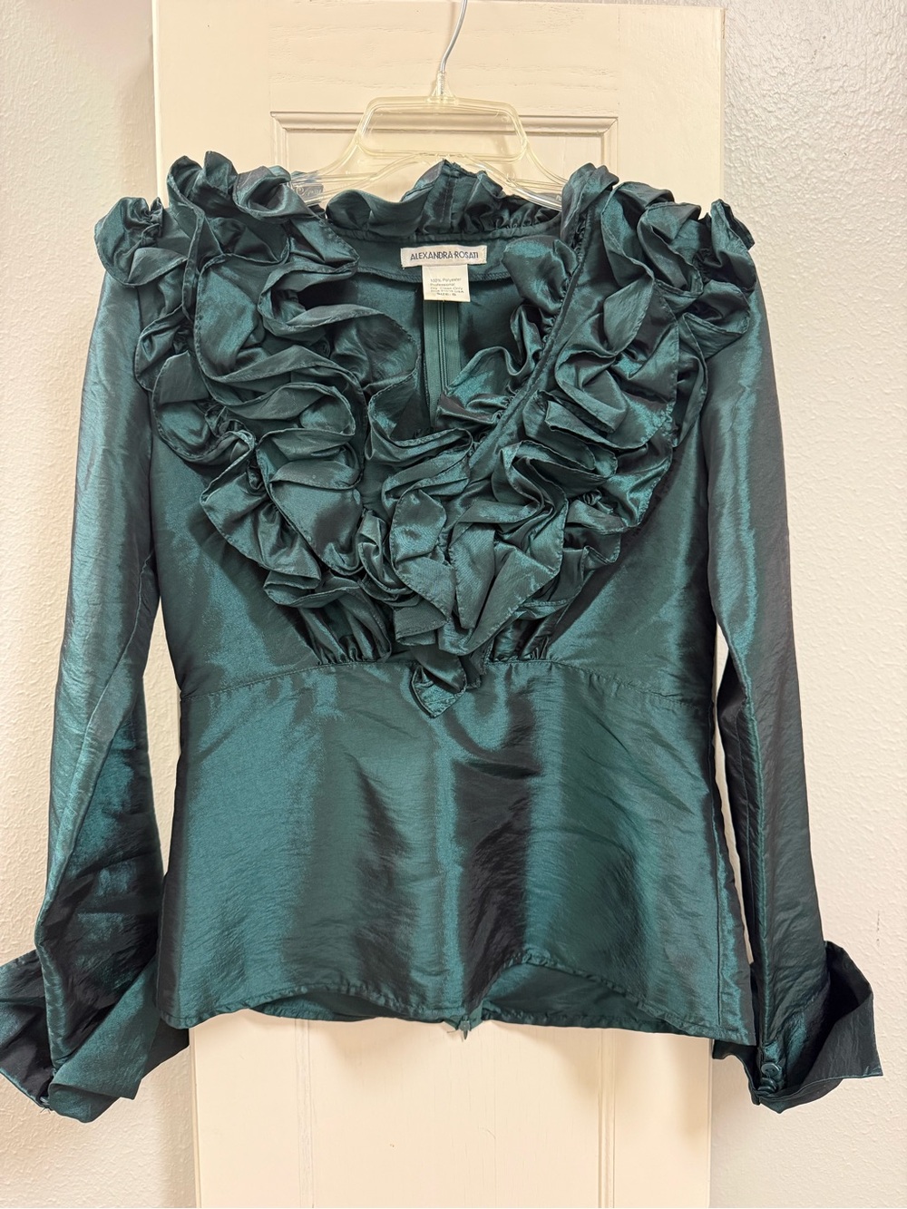 Alexandra Rosati Vinyage Emerald Green Ruffled V-Neck Long Sleeve Blouse